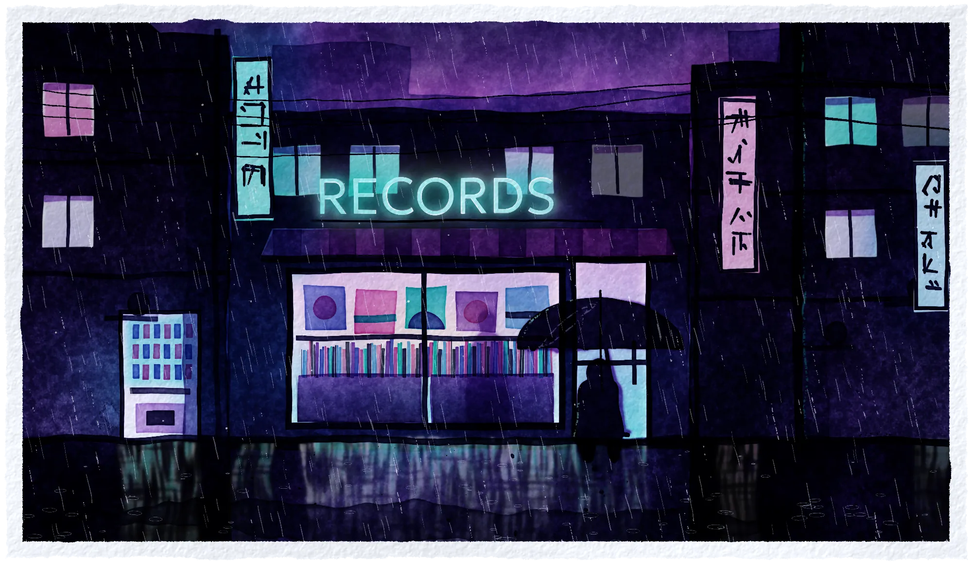 Акварель: магазин пластинок в дождливую ночь. Неоновая вывеска RECORDS, витрина с конвертами и ящиками пластинок, прохожий под зонтом, торговый автомат и вертикальные вывески, отражения на мокром асфальте